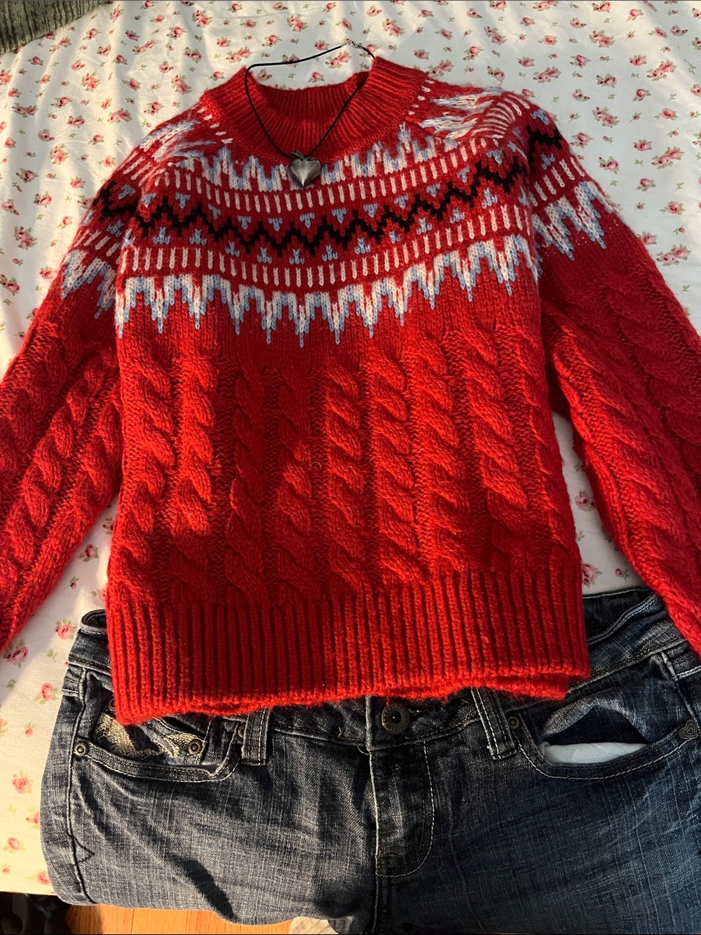 Downtown girl. Women's Red Cable Knit Fair Isle Crewneck Sweater